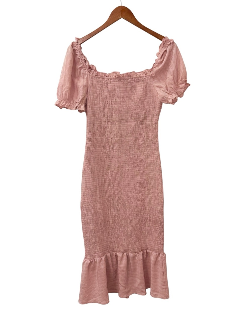 PrettyGarden Women's Pink Smocked Midi Dress with Ruffle Hem Sz Large